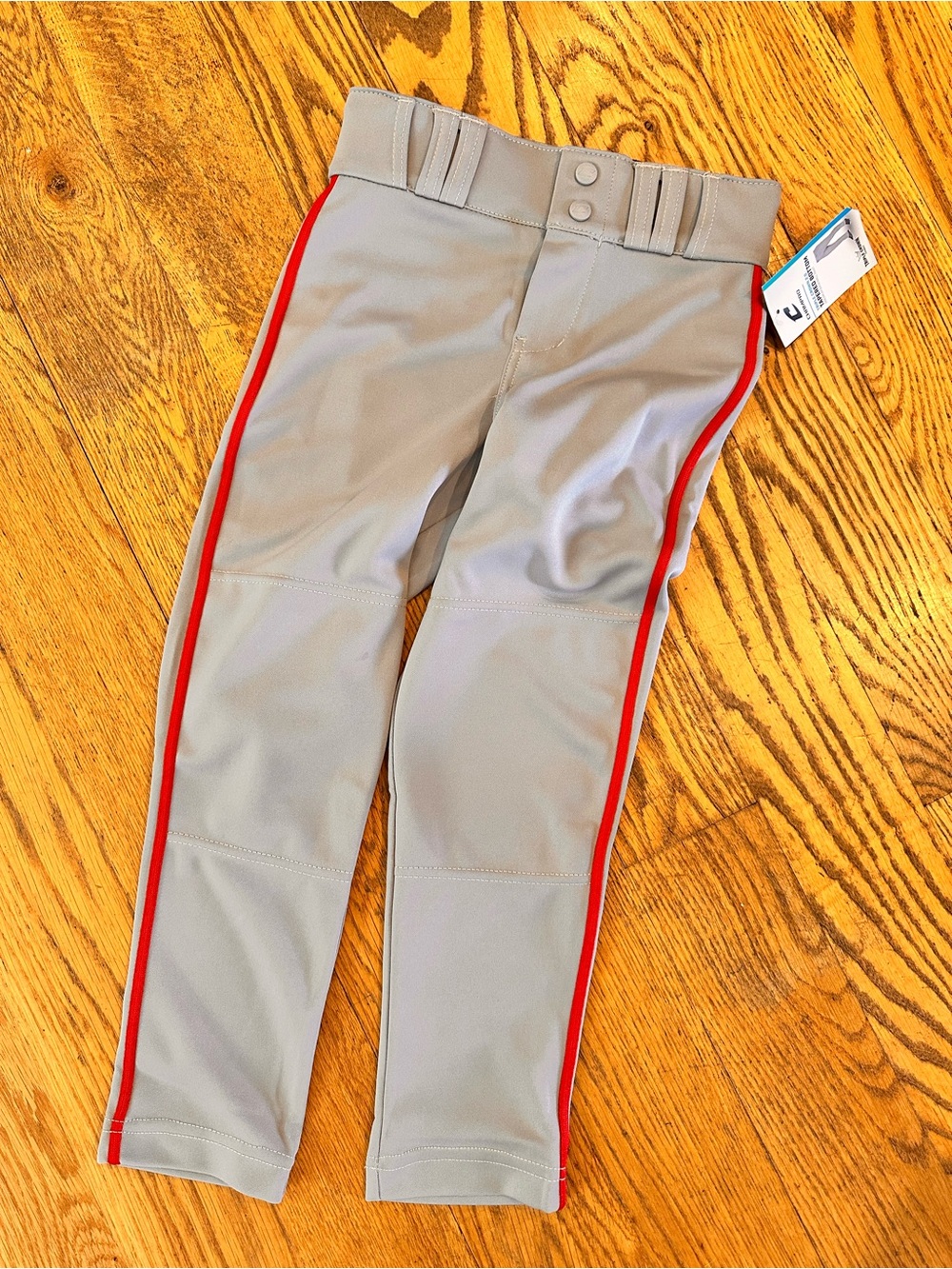 Kids Gray Athletic Baseball Pants with Red Side Stripe